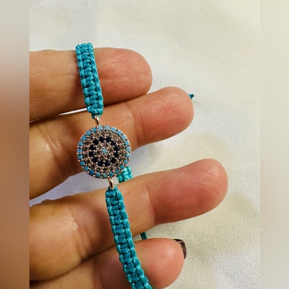 Blue Macrame Evil Eye Turquoise and Cubic Zirconia Setting Bracelet - Picture 2 of 2